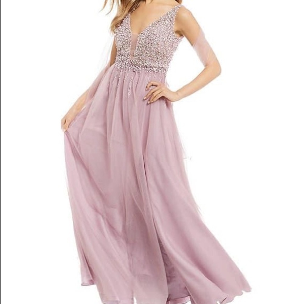 Coya Collection Beaded Bodice Mesh Long Prom Dress